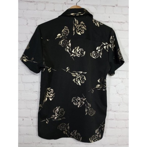ZEROYAA Mens S Hipster Gold Rose Printed Slim Fit Short Sleeve Button Down - Picture 3 of 9